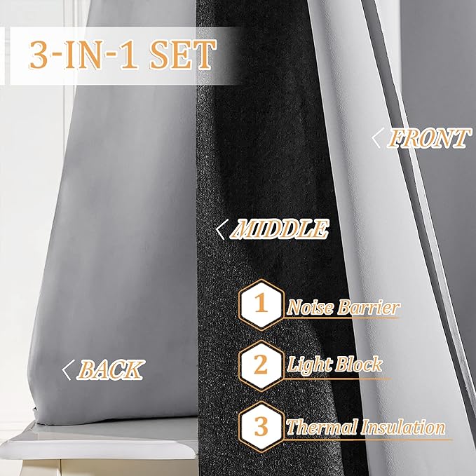 RYB HOME 100% Blackout Curtains with Noise Absorbing Liner, 3 Layers Soundproof Thermal Insulated Summer Drapes for Bedroom Living Room Baby Nursery, 52 x 63 inch, Sliver Grey, Set of 2