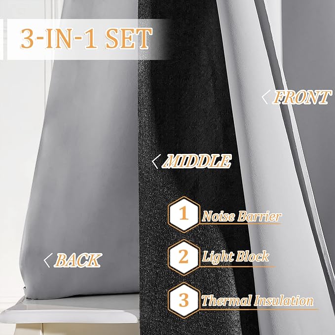 RYB HOME Soundproof Curtains for Living Room, Totally Blackout Window Drapes Inside Felf Linings Insulted Heat Cold Noise Shade Drapes for Bedroom, W 42 x L 84 inches, Sliver Grey, 2 Pcs