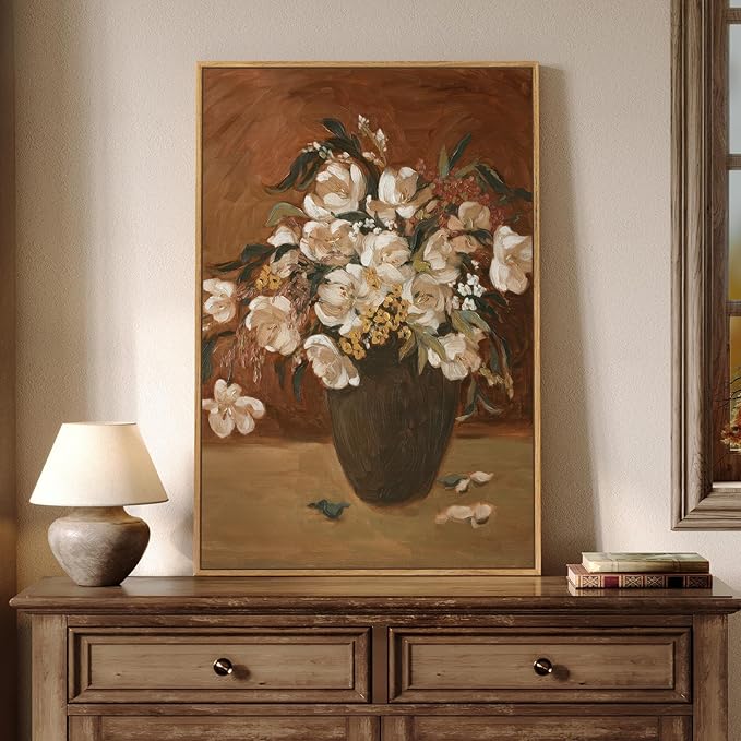 Framed Vintage Floral Wall Art for Living Room, Rustic Retro Flower Brown Canvas Painting Print, Antique Botanical in Vase Vertical Picture for Kitchen Bedroom Hallway Office Wall Decor, 24x36 Inch