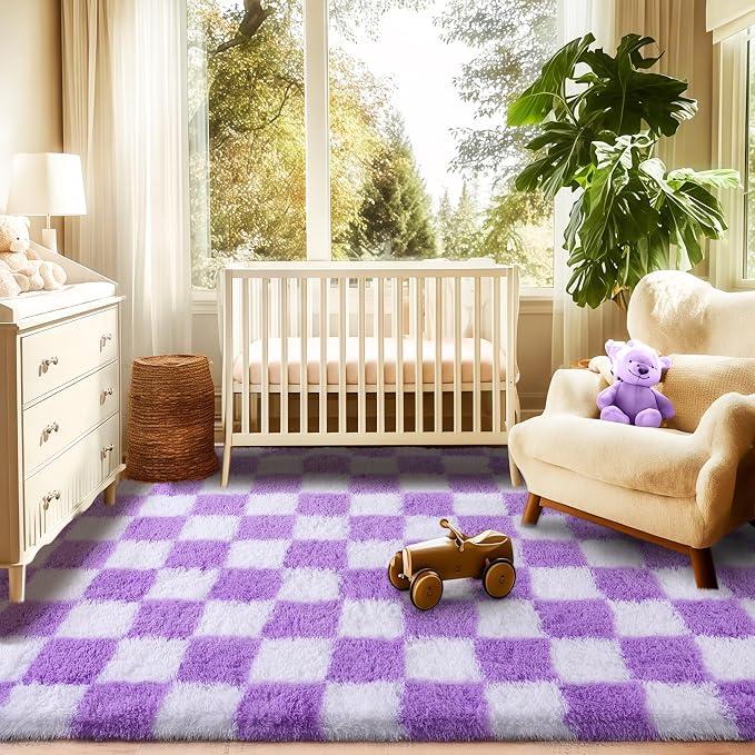 Checkered Rug for Bedroom 5x7, Ultra Fluffy Shag Area Rugs for Living Room, Anti-Skid Indoor High Pile Soft Rug Carpet for Living Room Bedroom Kids Room Nursery, Dorm Home Decor, White and Purple