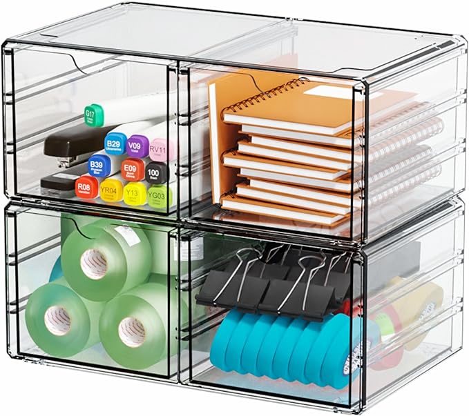 2 Pack Acrylic Storage Drawers With 4 Drawers,Stackable Desk Organizers and Makeup Organizer,Large Clear Office Supplies Organizer for Pen,Medical,Art Craft,Stationery Organizer for Countertop