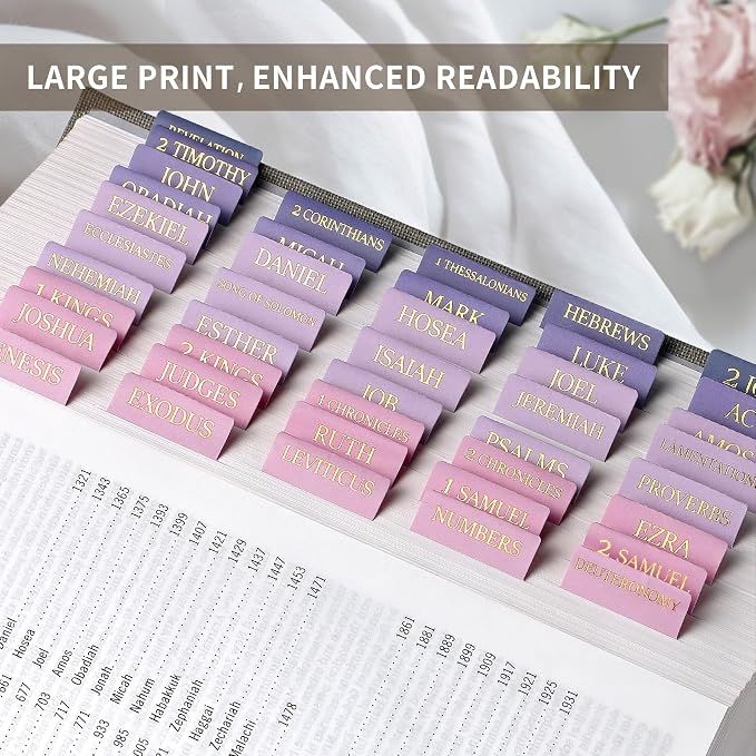 Bible Tabs for Women & Men, Bible Tabs for Study Bible, Large Print Neutral Bible Tabs for Easy Navigation, Bible Index Tabs, 66 Tabs Old & New Testament, Extra 9 Blank Tabs - Violet Ombre