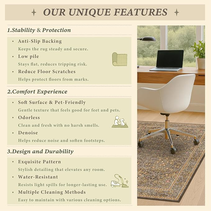 Vintage Gold Brown Office Chair Mat for Hard Wood & Tile Floors, 48x60 Non-Slip Ultra Soft Low Pile Under Desk Rug, Floor Protector for Heavy Duty Office Chair, Machine Washable, Taupe