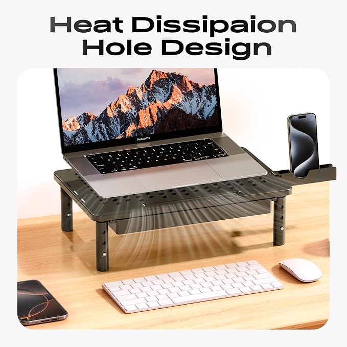 Computer Monitor Stand Riser with Storage, 3 Height Adjustable Laptop Desktop Monitor Stand with Drawer, Metal Short Printer Table, Stand Riser for Desk, Office Desk Organizers and Accessories, 1 Pack