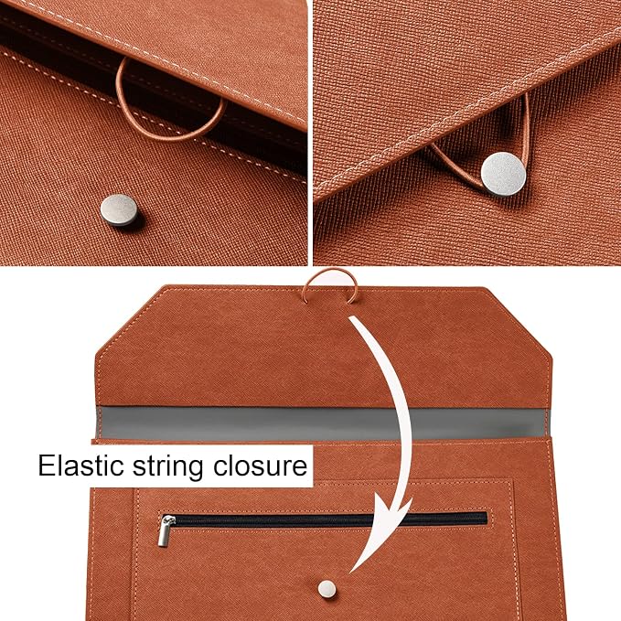 PU Leather A4 File Folder Document Holder 2 Pockets Portfolio Envelope Folder Case with Elastic String 3/4 Inch Expansion (Black&Brown)