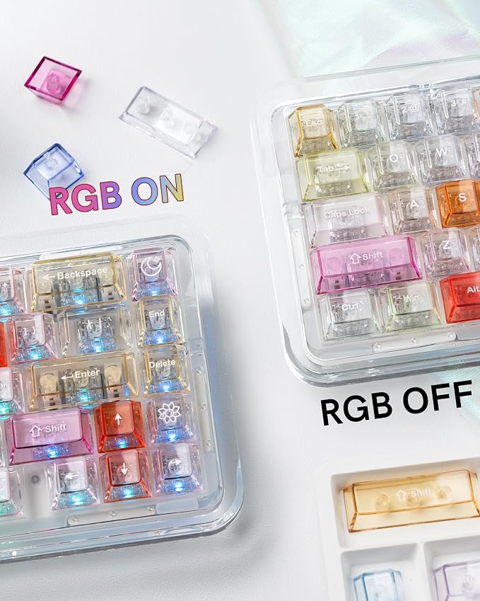 Keymatic Cherry Profile PC Transparent Keycaps, 123 Keys Dye-Sublimation Custom Keyboard Keycaps Shine Through Cute Rainbow Key Cap Set for Cherry MX Swithes Mechanical Keyboard(Only Keycap Set)