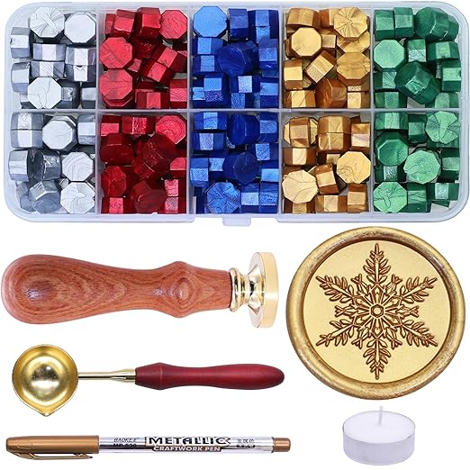 SWANGSA Snowflake Wax Seal Stamp Kit with 200pcs Sealing Wax Beads and Pen, Great for Embellishment of Christmas Cards, Invitations, Wine Packages, Gift Ideas