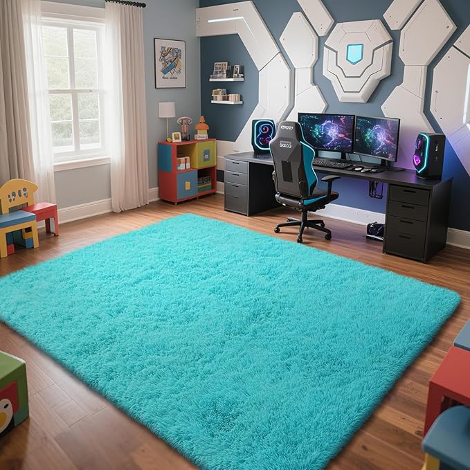 yongyangjuxin Teal Blue Rug Fluffy Rug, 8x10 Teal Area Rugs for Living Room, Soft Play Mat, Teal Rugs for Bedroom, Preppy Dorm, Plush Aesthetic
