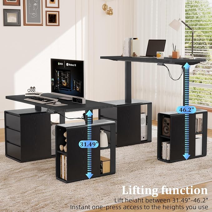 Electric Standing Desk with Drawers, 55" Office Desk Height Adjustable Executive Desk with Storage Shelves, Simple Setup Wood Desk Home Office Stand up Desk for Work, Study, Writing, Black