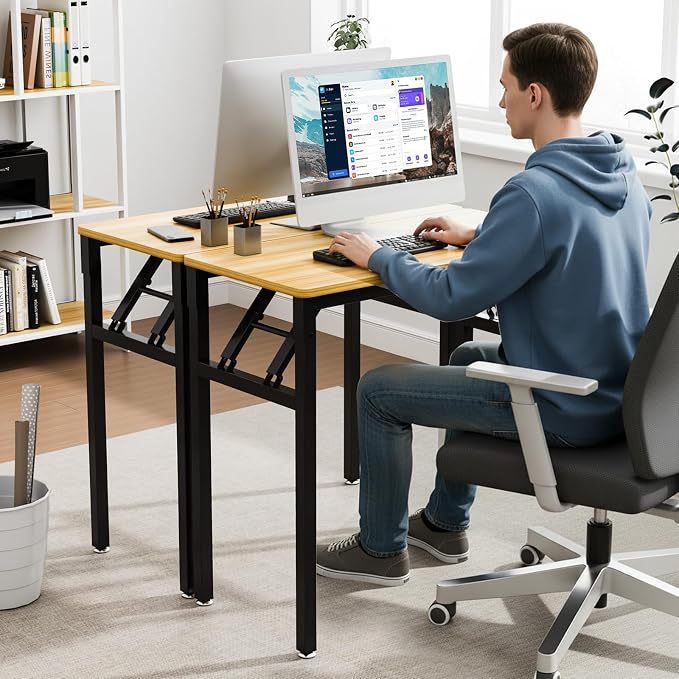 VINGLI Small Computer Desk No Assembly Required, Folding Desk As Writing Table, Dining Table and Workbench, Foldable Desk for Small Space & Home Office (31.5, Teak & Black Frame)