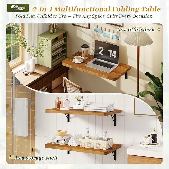 Dogsky Floating Wall Desk, 24" x 14" Wall Mounted Folding Table, Pine Wood Fold Down Wall Table, 100 lb Capacity Wall Mount Desk for Small Apartment, Laundry Room,Kitchen,Bar & Computer,Burning Yellow