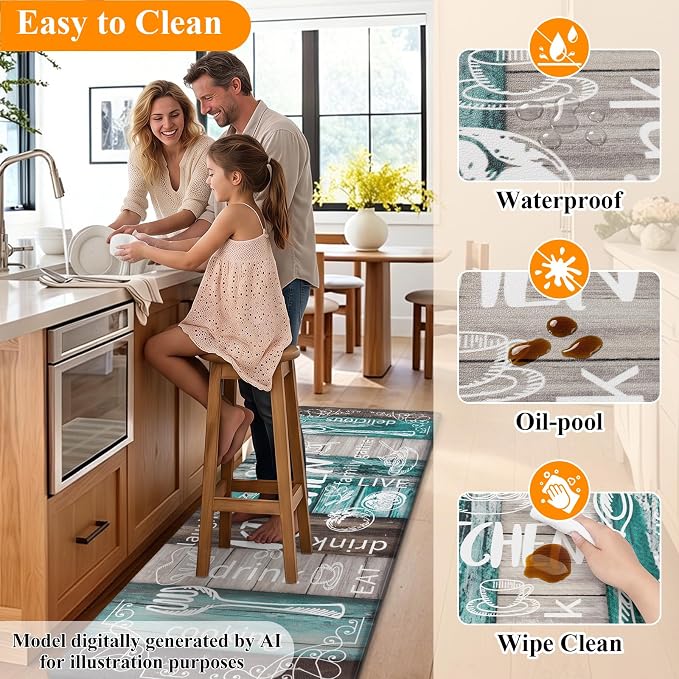 HEBE Anti Fatigue Kitchen Rugs Set of 2, Cushioned Kitchen Mats for Floor | Non Slip Farmhouse Kitchen Rug and Runner Set, Waterproof Comfort Kitchen Floor Mat Carpet for Sink, Standing Desk, Laundry