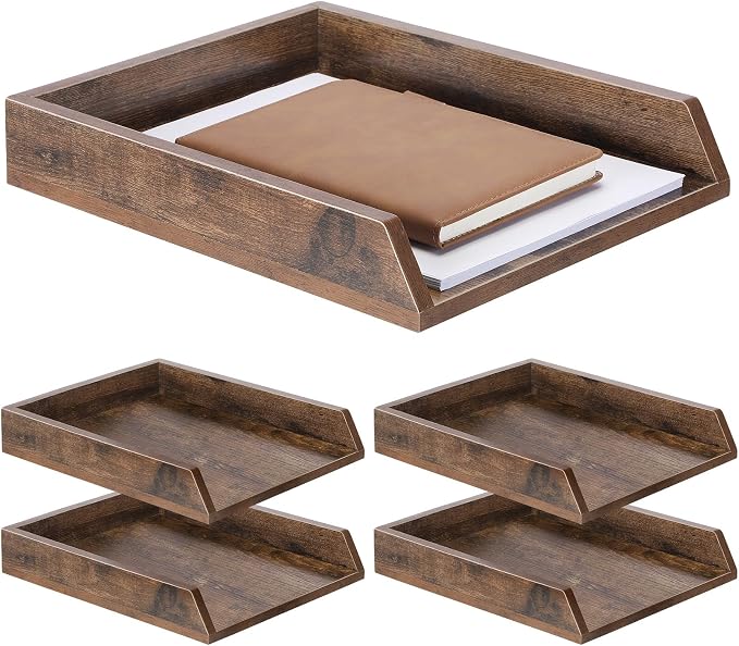 DoubleFill 4 Pcs Wooden Letter Trays 2 Tier Desktop Paper Organizer Wood Letter-Size Desk Document Tray Heavy Duty Stackable Paper Drawer Holder File Folder Back to School Office Home (Dark Wood)