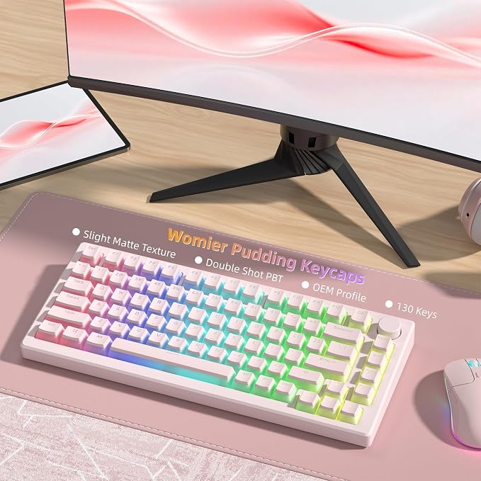 Womier Double Shot PBT keycaps, Shine Through Pink Keyboard Key caps, OEM Profile Pudding Custom keycaps 75 Percent 130-key Set for 60% 65% 75% 100% Cherry Gateron MX Mechanical Keyboard-Pink