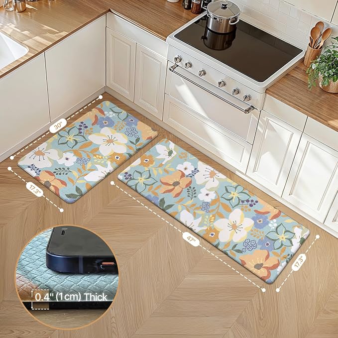 GENIMO Anti Fatigue Kitchen Mats for Floor 2PCS, Cushioned Standing Mats | 17.3"x47"&17.3"x30", Aqua vintage floral rug set, waterproof, non slip, easy-clean for farmhouse