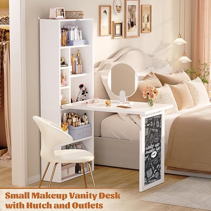 Armocity Small Folding Desk with Outlets, Convertible Writing Desk for Small Spaces/Home Office/Craft Room, Multi-Function Desk Workstation with Blackboard, Fold-Out Cabinet Table, White