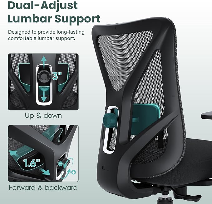 Ergonomic Office Chair, Mesh Computer Desk Chairs with Adjustable Lumbar Support, 3D Armrest, Tilt Function, Comfy Wide Seat, Executive Chair for Company & Home, Gaming Chair (Black Sponge Cushion)