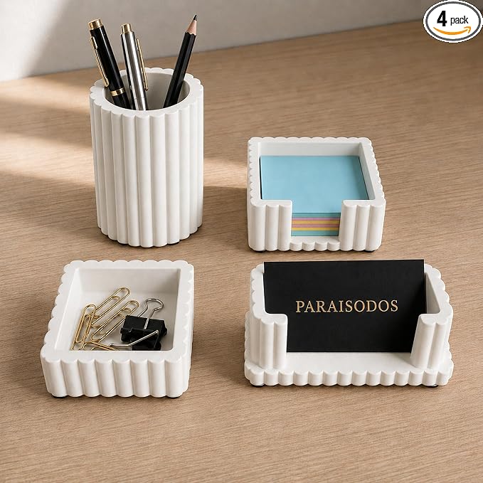 Concrete Desk Organizer Set of 4, Modern Desk Accessories, White | Pen holder, Sticky note holder, Paper clip tray, Business card holder, Soft anti-slip pads, For home and office use