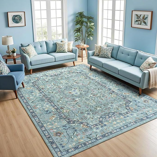 Vasofe 8x10 Area Rug for Living Room, Washable Rugs for Bedroom Room, Dining Room, Vintage Floral Indoor Non Slip Carpet Farmhouse Blue Throw Carpets Soft Low Pile Mat for Classroom Playroom
