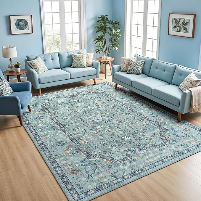 Vasofe 4x6 Area Rug for Bedroom, Washable Rugs for Living Room, Laundry, Kitchen, Vintage Floral Indoor Non Slip Carpet Farmhouse Blue Throw Carpets Soft Low Pile Mat for Dorm Bedside Office