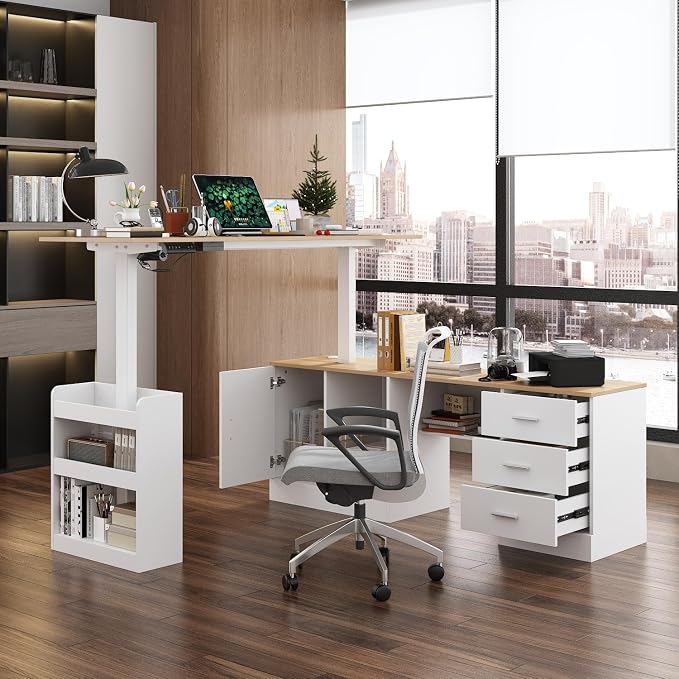 MOUMON L Shaped Standing Desk with Drawers and Shelves, Executive Adjustable Height Desk, L-Shaped Design, 63 inch Tabletop, for Office Oak and White (63”W x 63”D x 28.9-45.3”H)