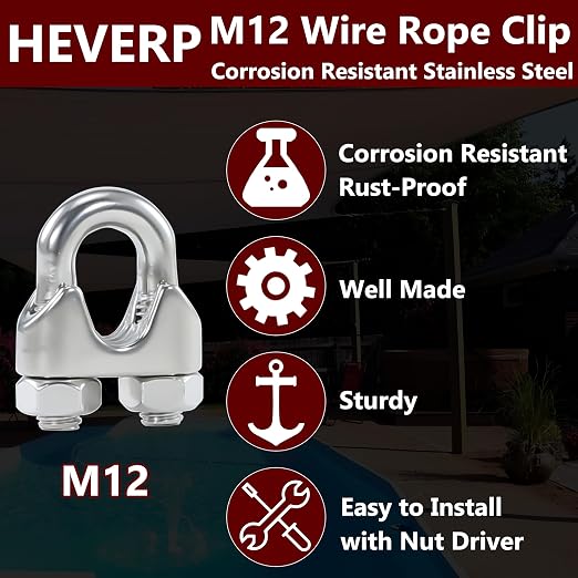 4PCS 1/2 Inches M12 Stainless Steel Wire Rope Clips Cable Clamps | Corrosion resistant,antirust,easy to install,suitable for 3/8" - 1/2" diameter wire rope or cables