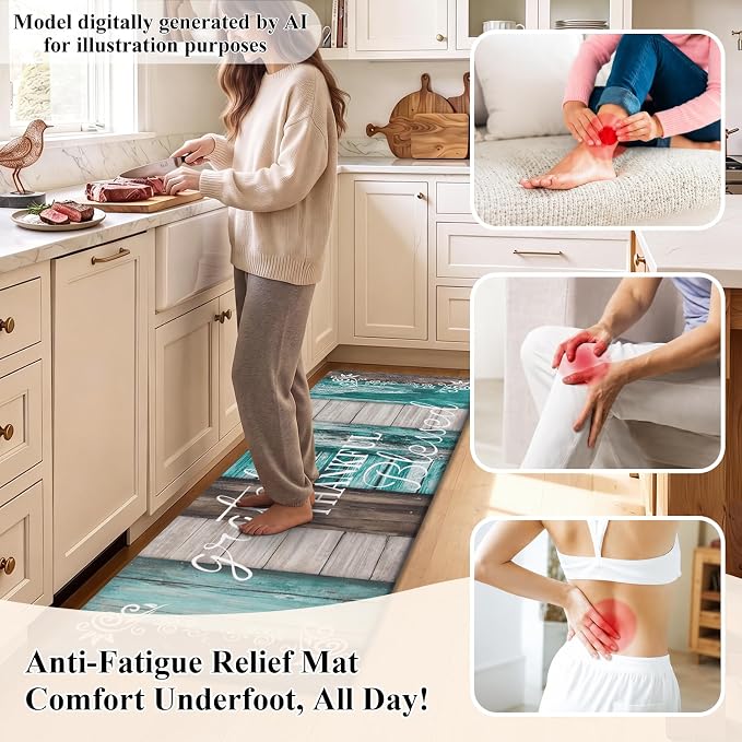 HEBE Anti Fatigue Kitchen Mat Set of 2, Cushioned Kitchen Mats for Floor | Non Slip Waterproof Kitchen Rug and Runner Set, Farmhouse PVC Foam Comfort Mat Floor Carpet for Sink, Standing Desk, Laundry