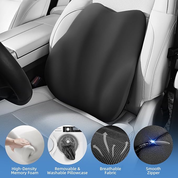 BEBAS Lumbar Support Pillow for Car, Memory Foam Back Cushion for Driving, Ergonomic Lumbar Pillow for Pain Relief, Comfort Lower Back Support for Office Chairs, Car Seat, Wheelchair -Black