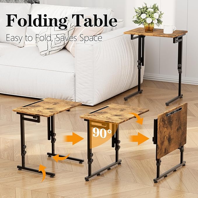 Adjustable Folding TV Tray, C-Shaped FoldableTable for Couch, Brown | Heavy-duty steel frame, No assembly needed, Height adjustable, Folds flat for storage, For Small Space, Living room
