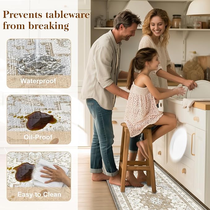 Boho Kitchen Mats for Floor 2 Piece Set Anti Fatigue Cushioned PVC Kitchen Rugs Non Slip Waterproof Farmhouse Mats 2/5 Inch Comfort Standing Mat for Sink, Laundry, 23.6"x39"+23.6"x59", Beige Tan