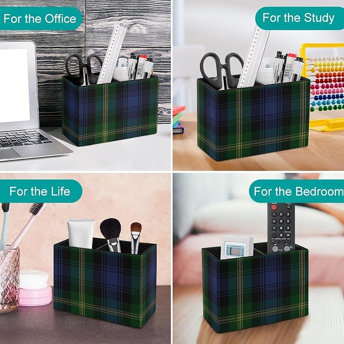 Tartan PU Leather Pen Holder Desk Organizer, 2-Compartment Pencil Container for Office, Home, Vanity Use