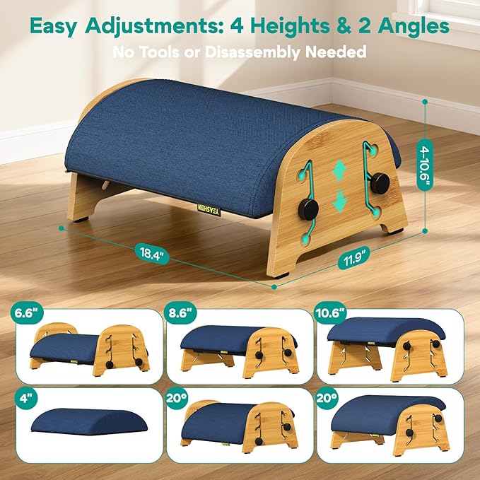 Ergonomic Foot Rest Under Desk at Work, Bamboo Wood Adjustable Foot Stool Under Desk with 6 Positions, Office Footrests with Memory Foam, Leg Rest Used for Car, Home, PC Gaming Accessories