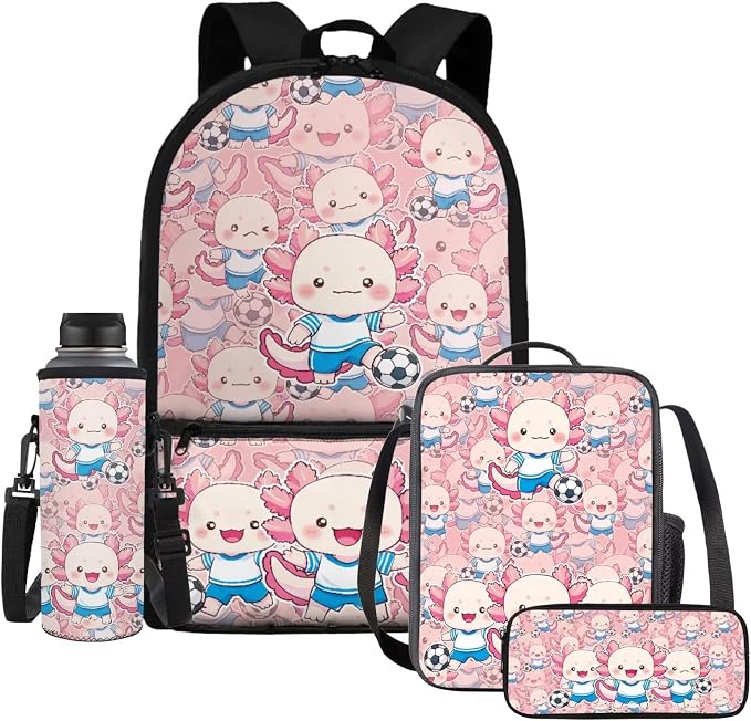 WELLFLYHOM 4Pcs Soccer Axolotl School Backpack for Girls 6-8 Cute Book Bag | Pink Bookbag Kids Schoolbag with Lunchbox Pencil Case Water Bottle Sleeve Girls School Back Pack