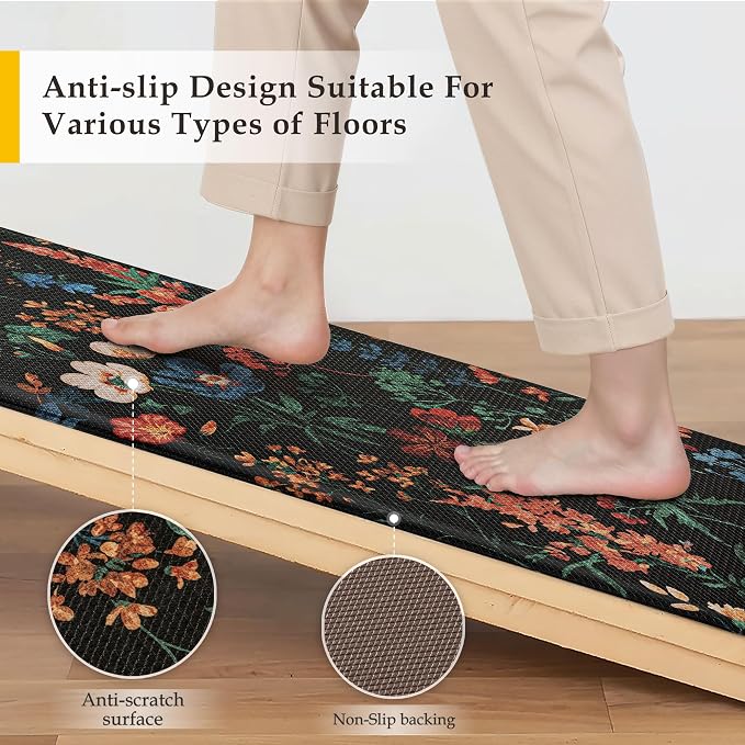 PureCozy Kitchen Mats 2PCS Anti Fatigue Cushioned Mat Non Slip Floral Boho Kitchen Mats for Floor Waterproof Comfort Standing Black Rug for Sink Laundry Office Desk 17.3"x59"+17.3"x30"