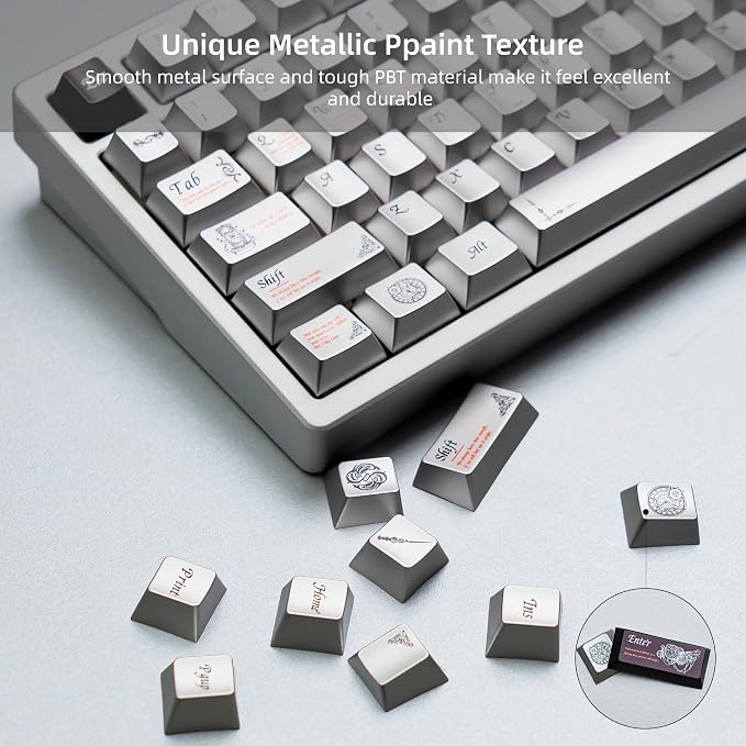womier Metal Paint Textured Mechanical Keyboard Keycaps, Retro Dye Sub & Double Shot PBT Keycaps 60 75 100 Percent, Cherry Profile Custom Aluminum Keyboard Keys Caps Set 112 Keys, Space Gray