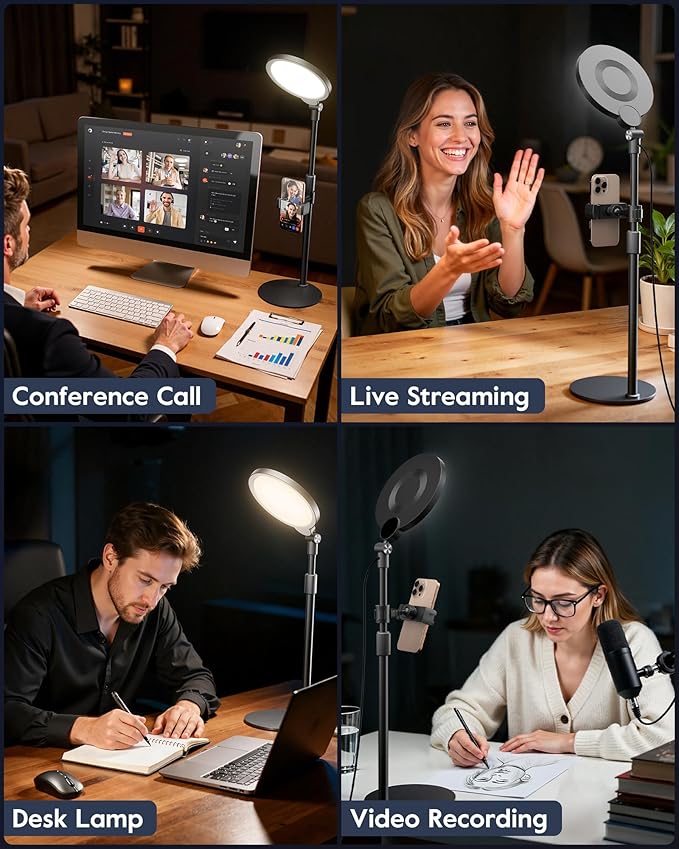 Dimmable Ring Light with Stand for Desk, Adjustable Desk Light for Video Recording, 30 Light Modes Video Conference Lighting, Zoom Lighting for Computer, Webcam, Podcast, Calls, Home Office, CRI 97.8