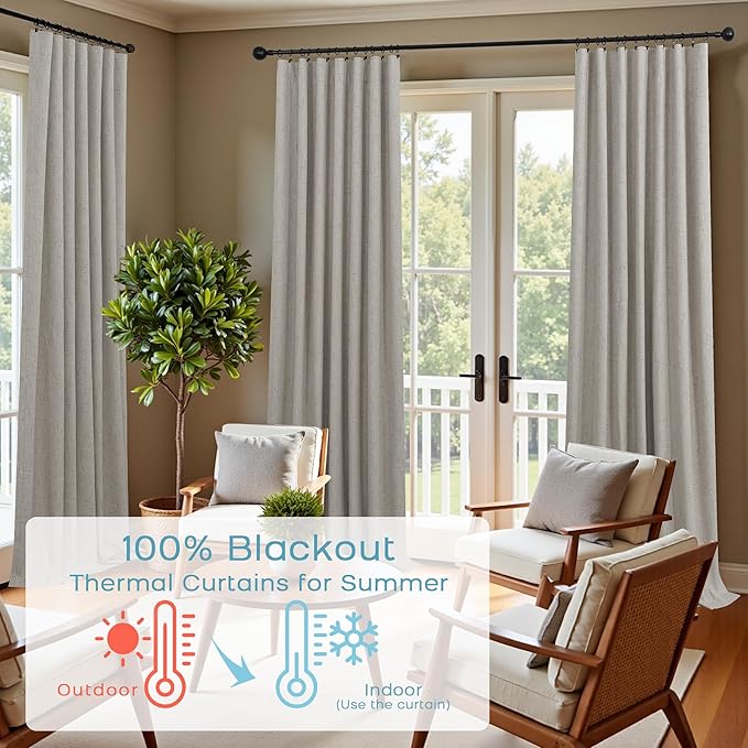 KOUFALL Taupe Back Tab Linen Blackout Curtains for Living Room 52 by 54 Inch Length