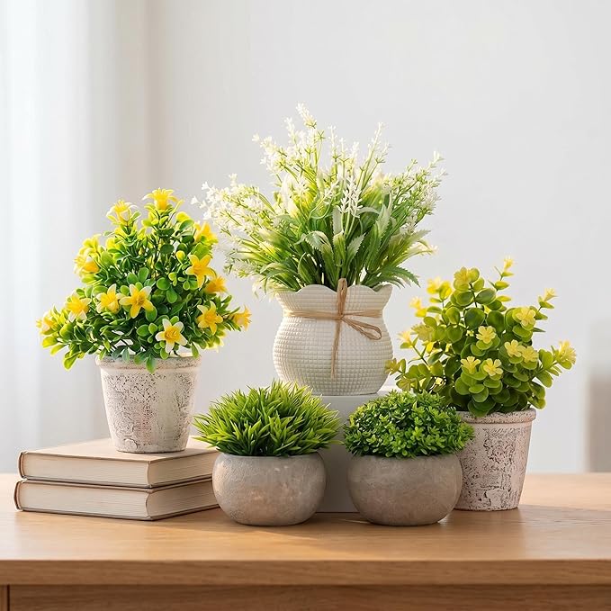 AUUGUU Small Artificial Potted Plants for Desk Decor, Mini Fake Plants for Bathroom, Office Desk Decor, Shelf Home Decor, Realistic Faux Greenery Indoor