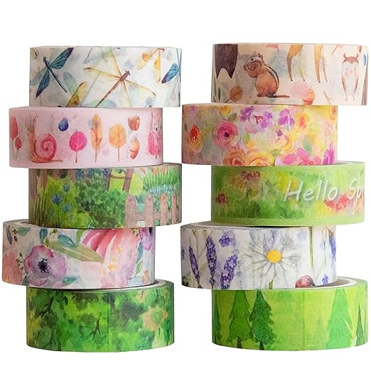 YUBBAEX 10 Rolls Four Seasons Washi Tape Set Green Grass Flowers Masking Decorative Tapes (Spring)