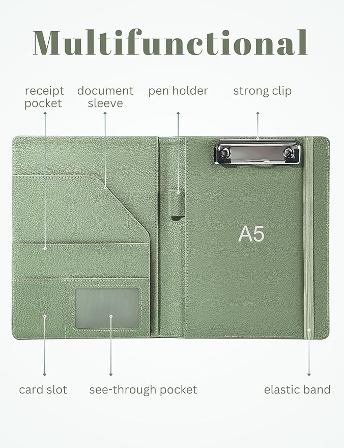 Mymazn Junior Padfolio Portfolio Folder, Small A5 Clipboard with Cover for 5'' x 8'' Writing Pad Notepad Holder for Business Office Men Women (Sage Green)