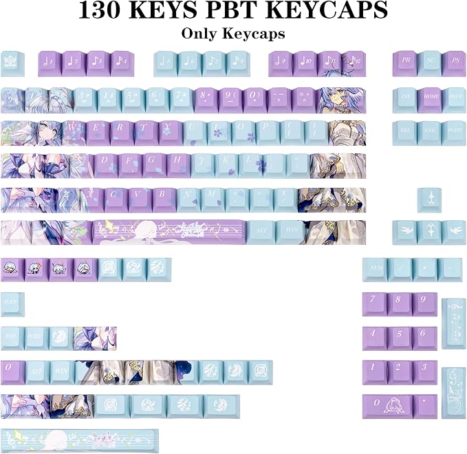 Japanese Anime Keycaps, Cherry Profile PBT Keycap 130 Keys, Blue and Purple Custom Key Cap Dye-Sub Manga Key Caps Set for 60% 65% 75% 100% Gateron Mechanical Keyboard