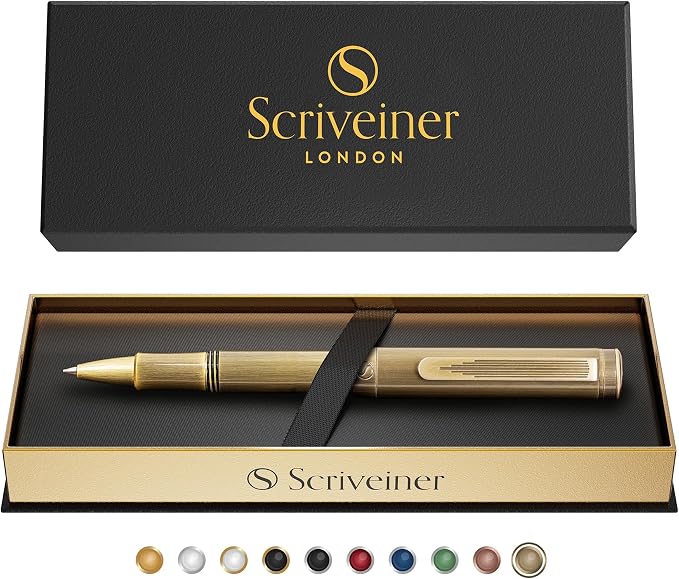 Scriveiner Brass EDC Luxury Rollerball Pen, Stunning Heavy Pocket Rollerball, Hand Brushed Bronze Finish, Best Writing Gift for Men, Women, German Schmidt Refill, Fancy Office & Designer Pen