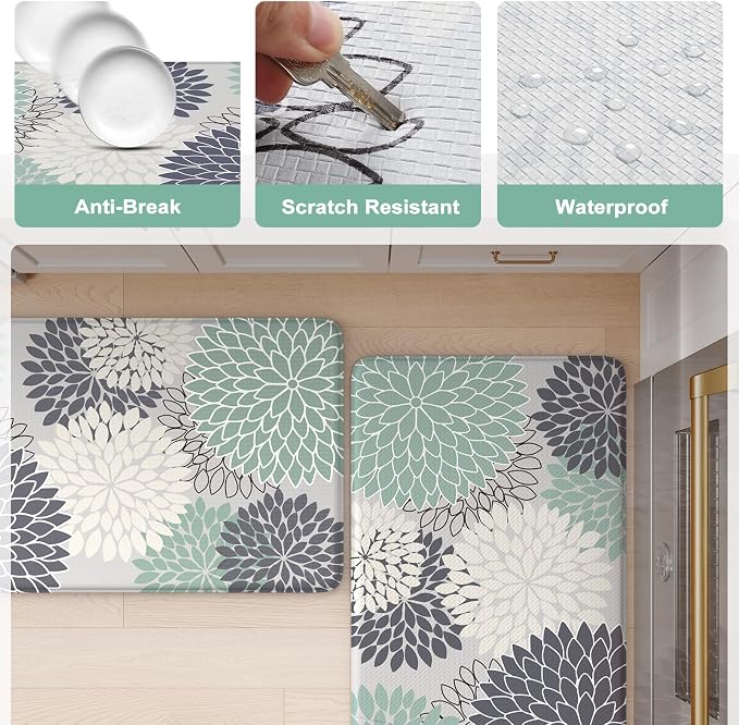KIMODE Anti Fatigue Mats for Kitchen Floor Comfort Cushioned Rugs Sets of 2 | 20"x32"+20"x47",Teal,Floral Farmhouse, Waterproof,Ergonomic Standing Mat 2PCS,,Non Slip,Kitchen Sink Rug,Laundry Office