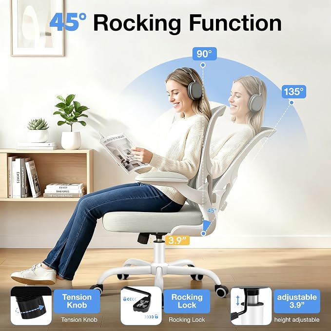 ALLGOD Ergonomic Office Chair, Breathable Mesh Ergonomic Desk Chair with Adjustable Lumbar Support, Flip-up Armrests, Computer Chairs Comfortable for Home, Office, Work, 300lbs, White, Upgrade