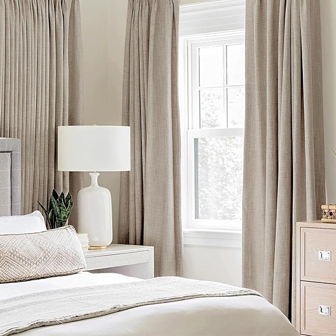 MIULEE 100% Blackout Linen Textured Curtains for Bedroom Solid Thermal Insulated Taupe Grommet Room Darkening Curtains & Drapes Luxury Decor for Living Room 52 x 84 Inch (2 Panels)