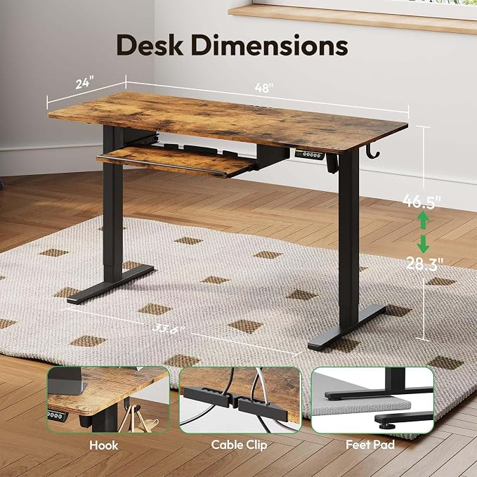 48 x 24 Inch Electric Standing Desk with Keyboard Tray, Brown | 3-Year Free Motor Replacement, 28.3-46.5 in Height, 3 Presets, 45 dB or Less, 154 lb Capacity, Keyboard Tray
