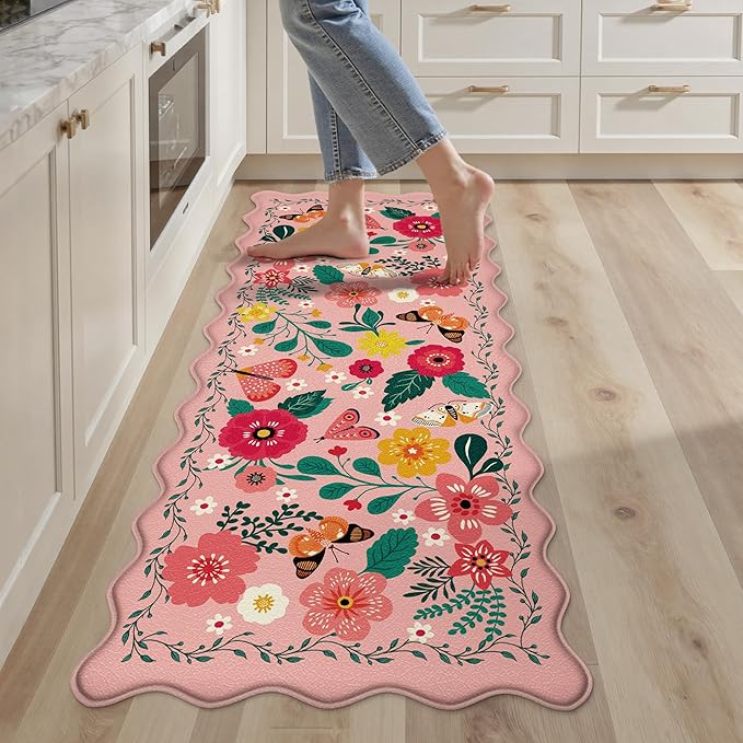 Scalloped Pink Kitchen Mats for Floor Cushioned Anti Fatigue Kitchen Mats Rugs Waterproof Non Slip Farmhouse Boho Floral Comfort Foam Standing Mat for Sink Laundry, 17.3x47
