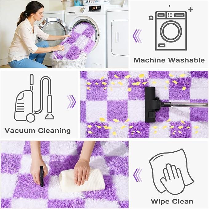 Area Rugs for Living Room 9x12, Ultra Fluffy Shag Checkered Rug Modern Washable Carpet Soft Shaggy Non Slip Indoor Plush Fuzzy Rugs for Bedroom Dorm Office Home Aesthetic Decor, White and Purple