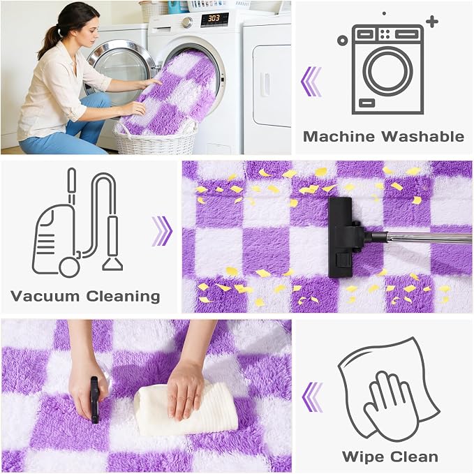 Area Rugs for Living Room 6x9, Ultra Fluffy Checkered Rug Fuzzy Shag Shaggy Carpets for Bedroom, Modern Non-Slip Indoor Soft Plush Furry Rug for Boy Girls Room Dorm Home Decor, White and Purple