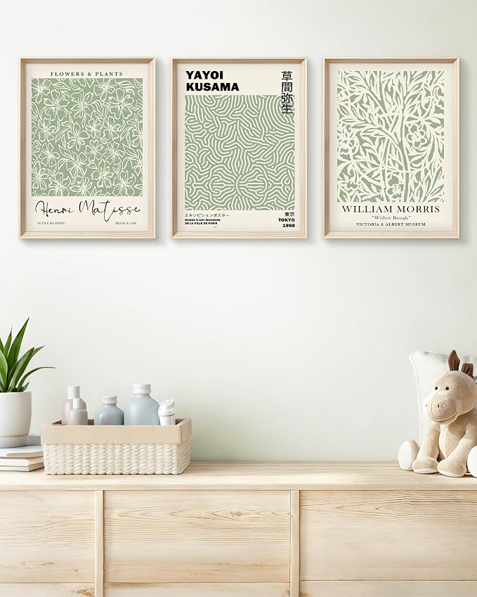 HesenDot Framed Matisse Sage Green Wall Art,William Morris Canvas Wall Decor,16x12IN High Framed Wood Design Prints,Minimalist Classic Decor Aesthetic for Living Room,Bedroom,Bathroom Set of 3